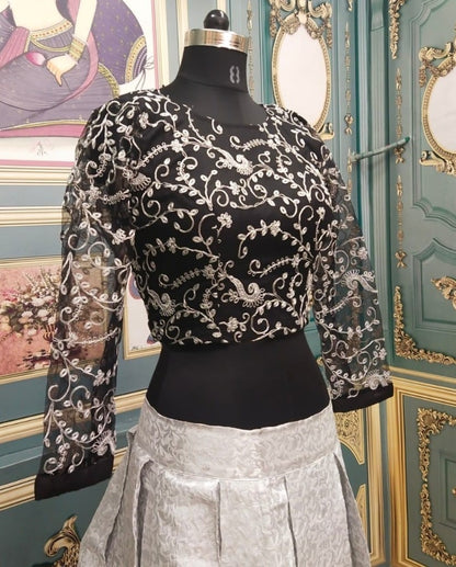 White jacquard lehenga with embroidered crop top