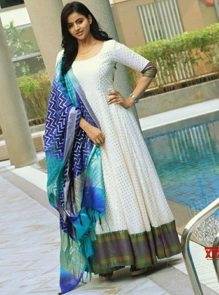 White jacquard silk anarkali suit with printed dupatta