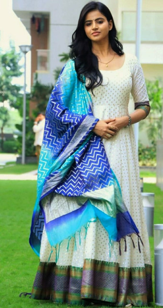 White jacquard silk anarkali suit with printed dupatta