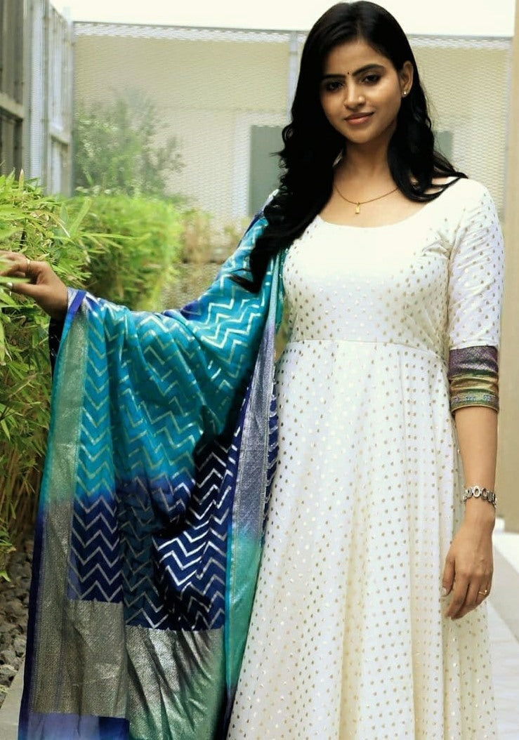 White jacquard silk anarkali suit with printed dupatta