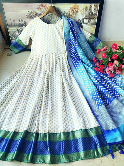White jacquard silk anarkali suit with printed dupatta