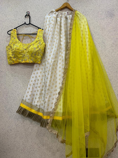 White jacquard silk lehenga choli