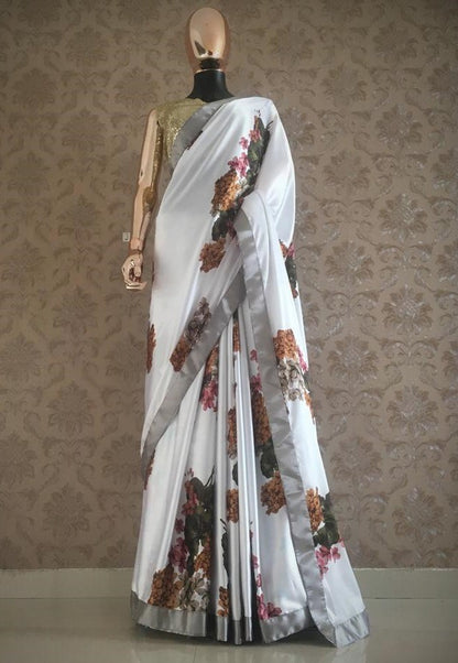 White japan satin floral printed saree with sequence work blouse