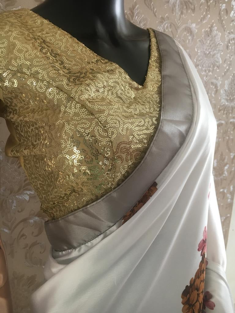 White japan satin floral printed saree with sequence work blouse