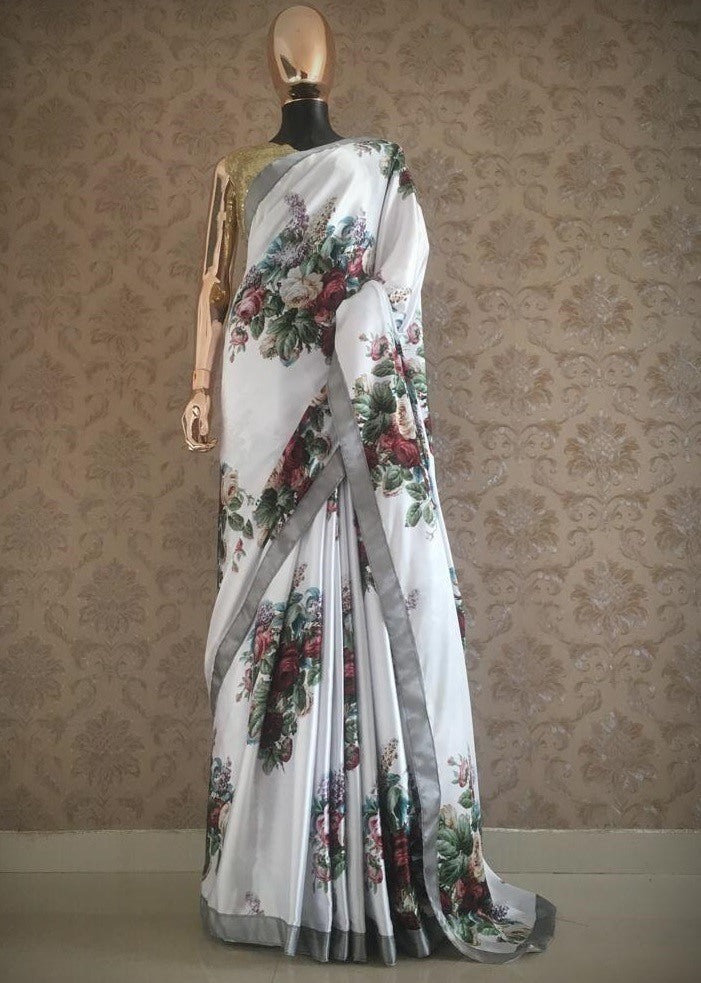White japan satin flower printed saree with sequence work blouse