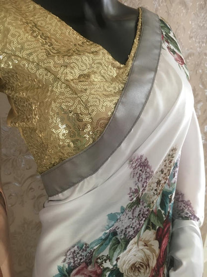 White japan satin flower printed saree with sequence work blouse