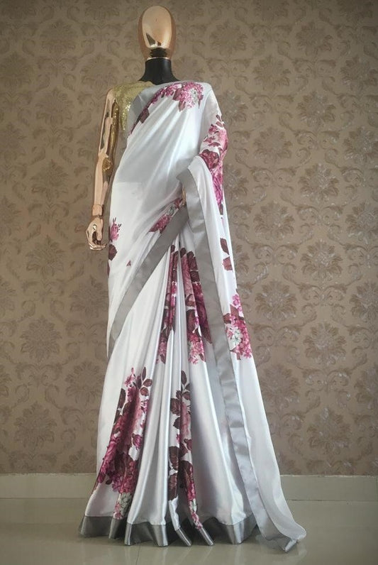 White japan satin pink flower printed saree with sequence work blouse