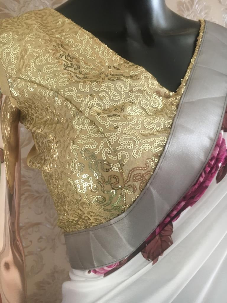 White japan satin pink flower printed saree with sequence work blouse