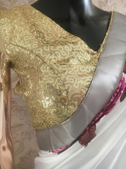 White japan satin pink flower printed saree with sequence work blouse