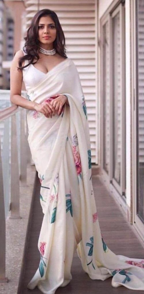 White japan satin silk floral printed saree
