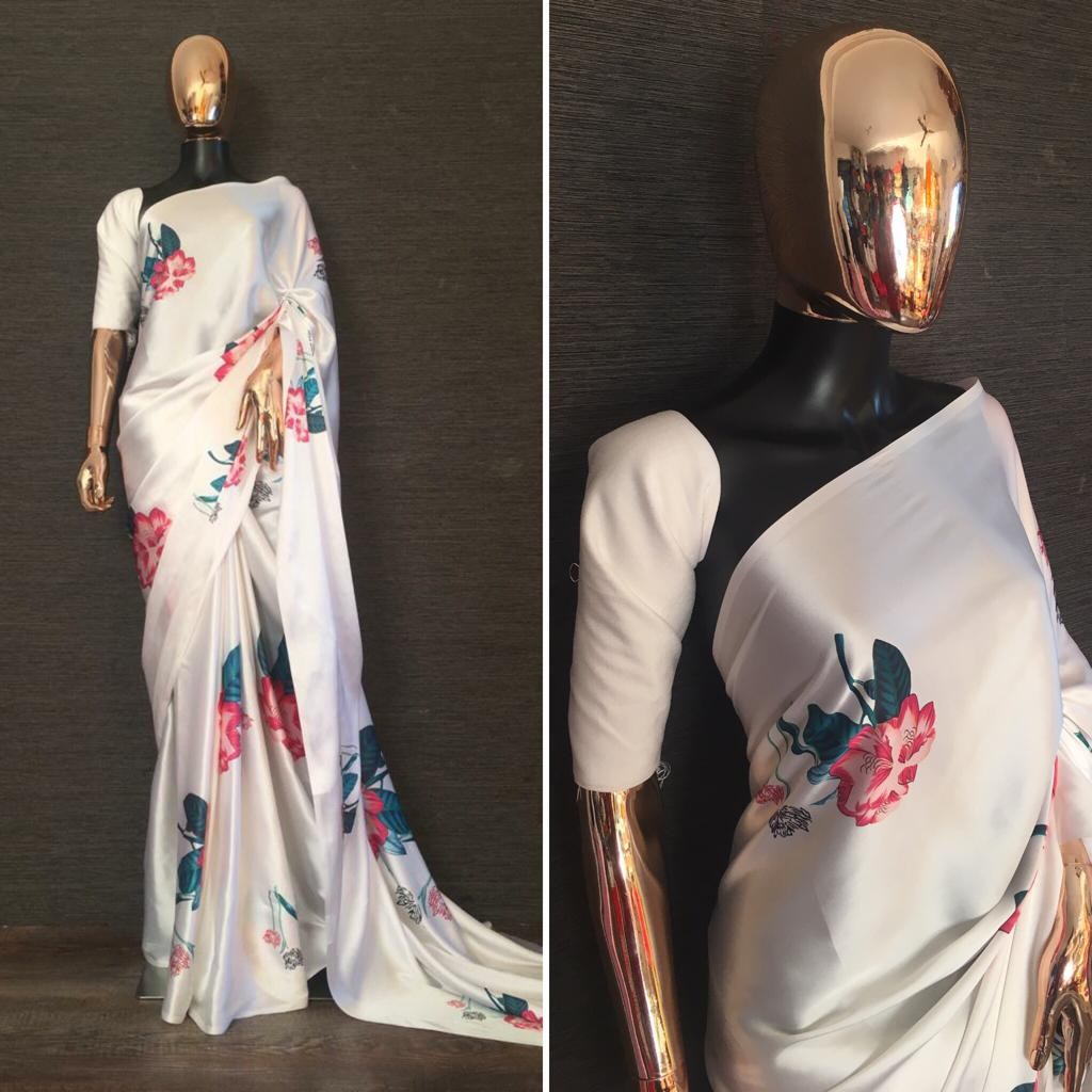 White japan satin silk floral printed saree