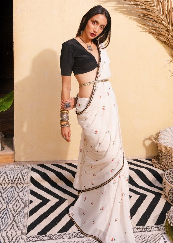 White japan satin silk red cherry printed gorgeous saree