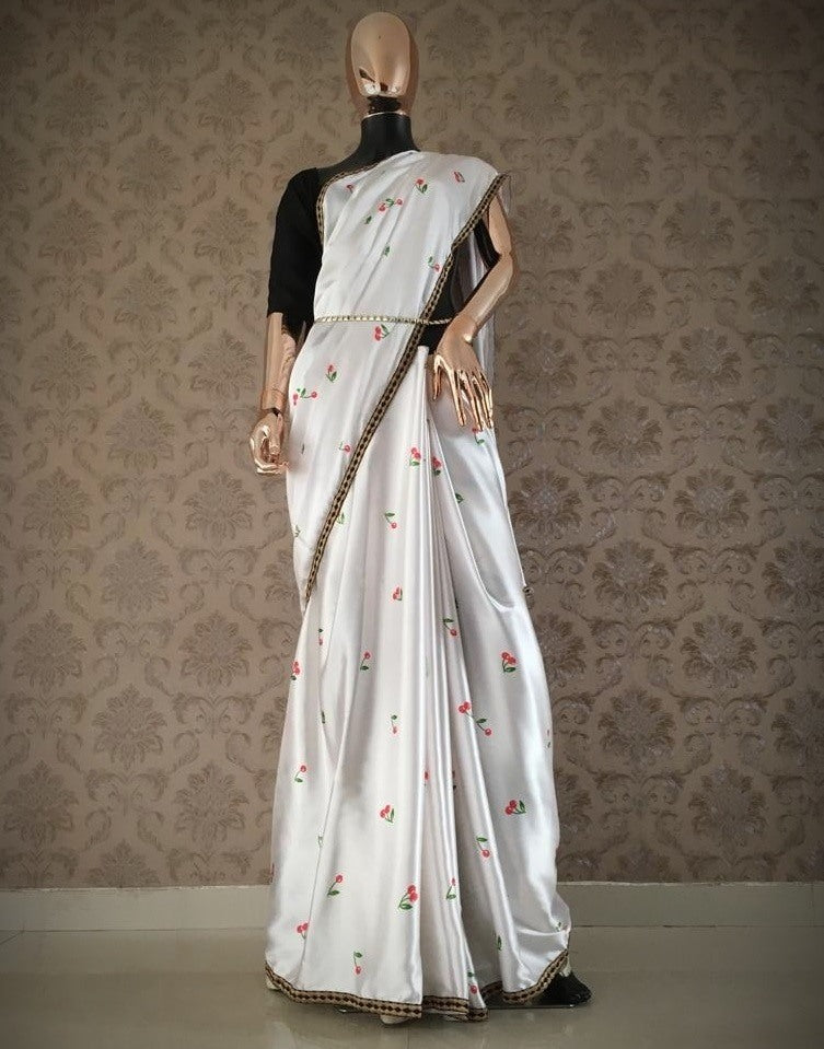 White japan satin silk red cherry printed gorgeous saree