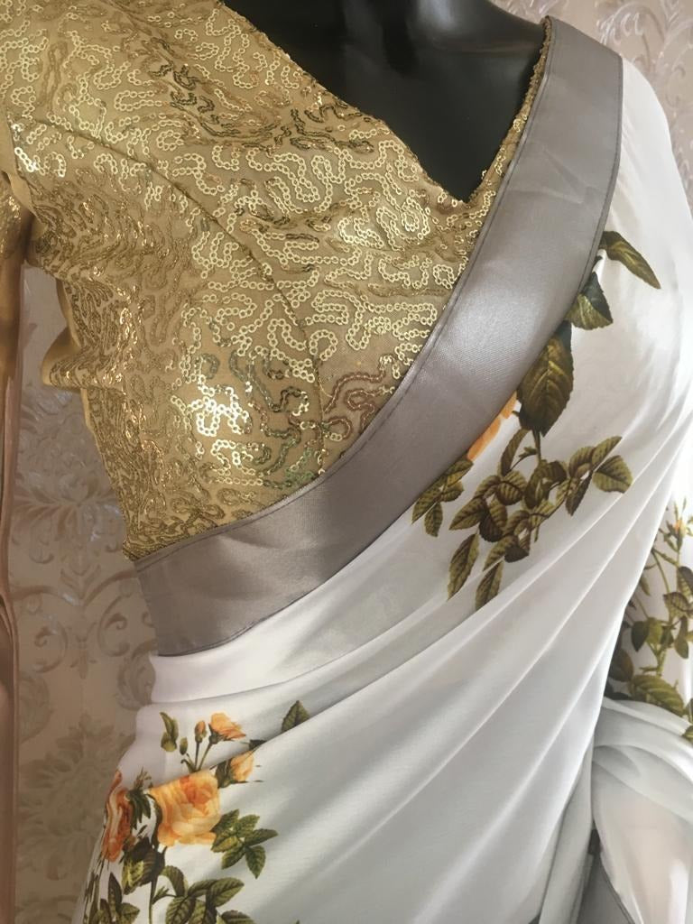 White japan satin yellow flower printed saree with sequence work blouse