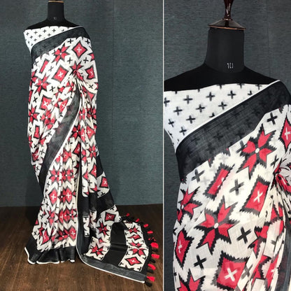 White linen digital print with cotton tussles work saree