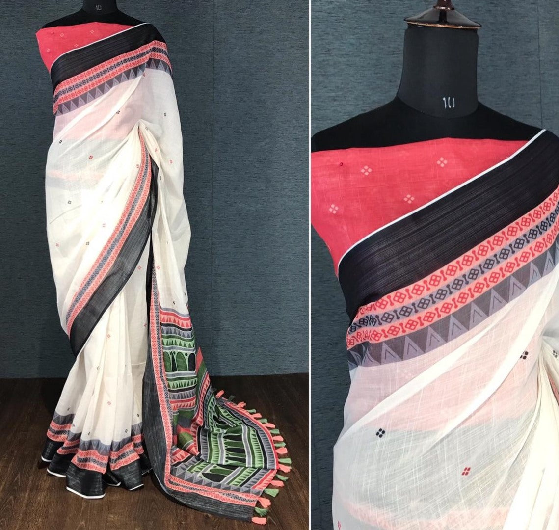 White linen digital print with cotton tussles work saree