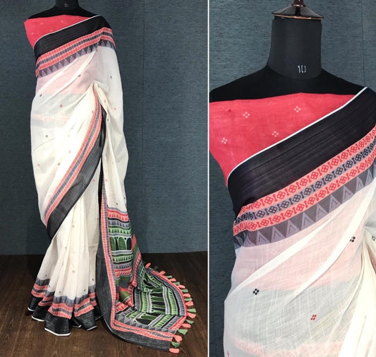White linen digital print with cotton tussles work saree