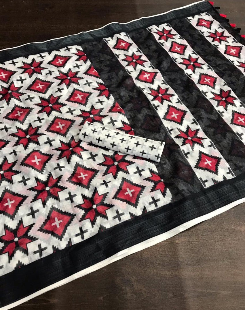 White linen digital print with cotton tussles work saree