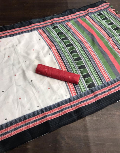 White linen digital print with cotton tussles work saree