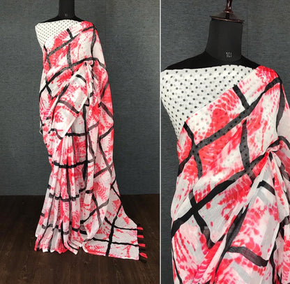 White linen digital printed with cotton tussles work saree