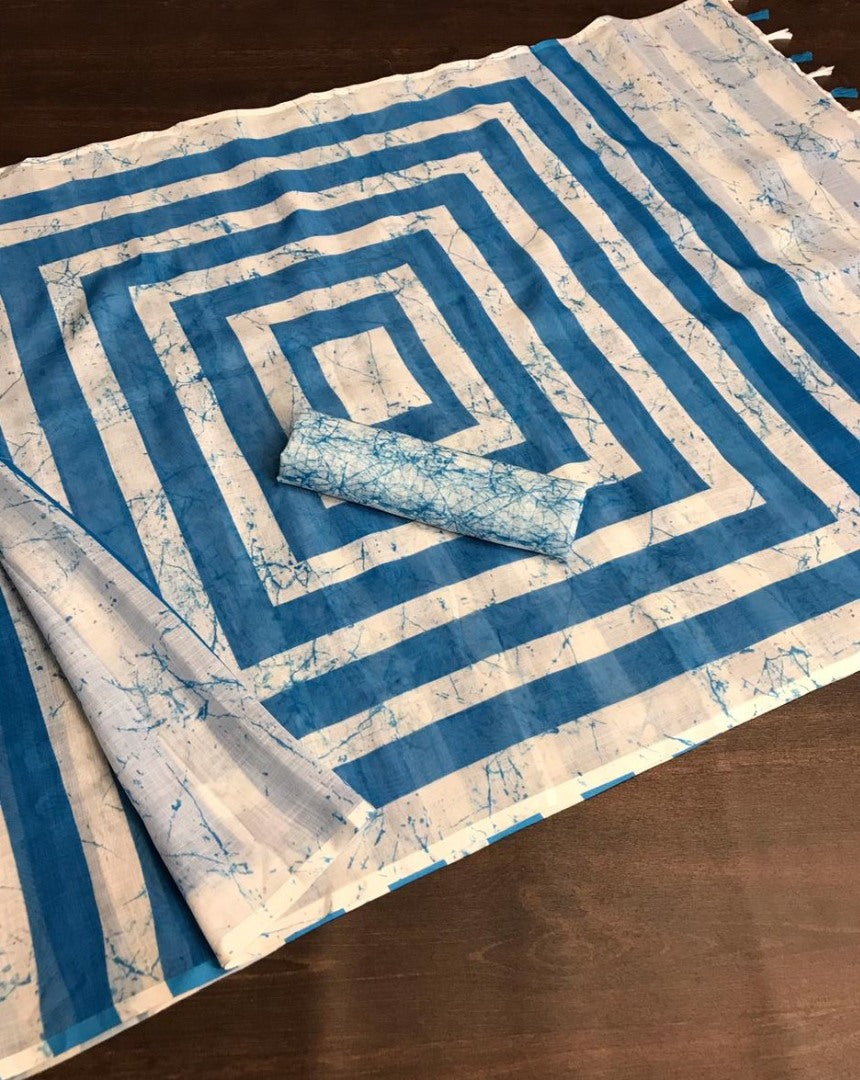 White linen digital printed with cotton tussles work saree