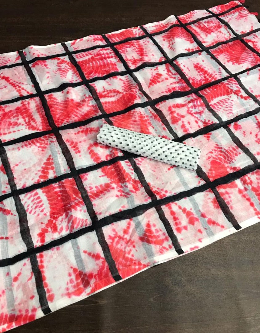 White linen digital printed with cotton tussles work saree