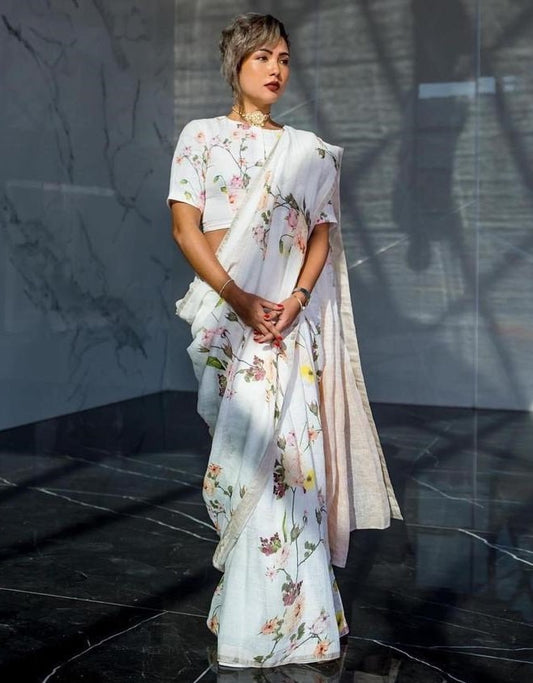 White linen printed saree