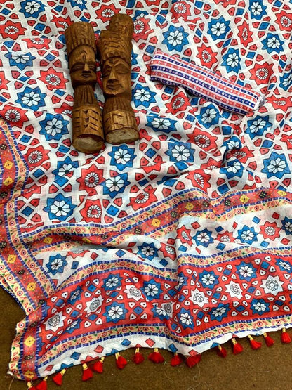 White linen silk digital printed work saree