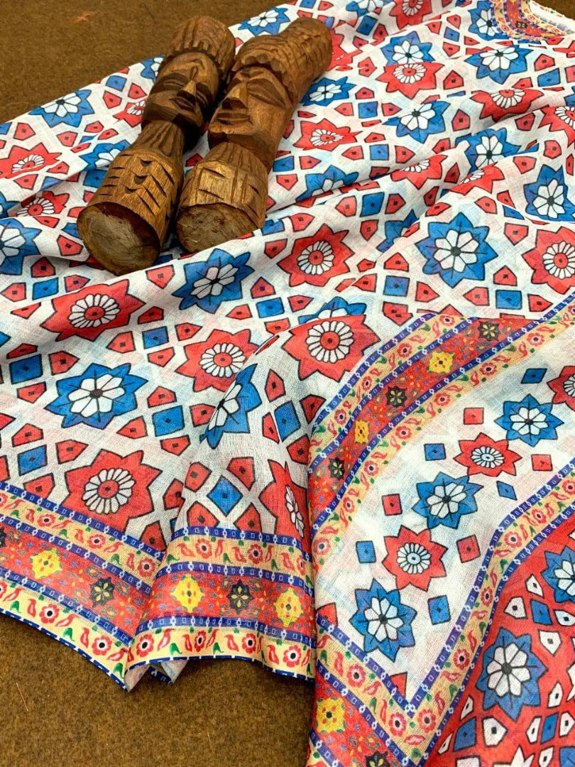 White linen silk digital printed work saree