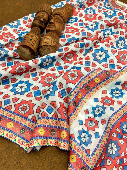 White linen silk digital printed work saree