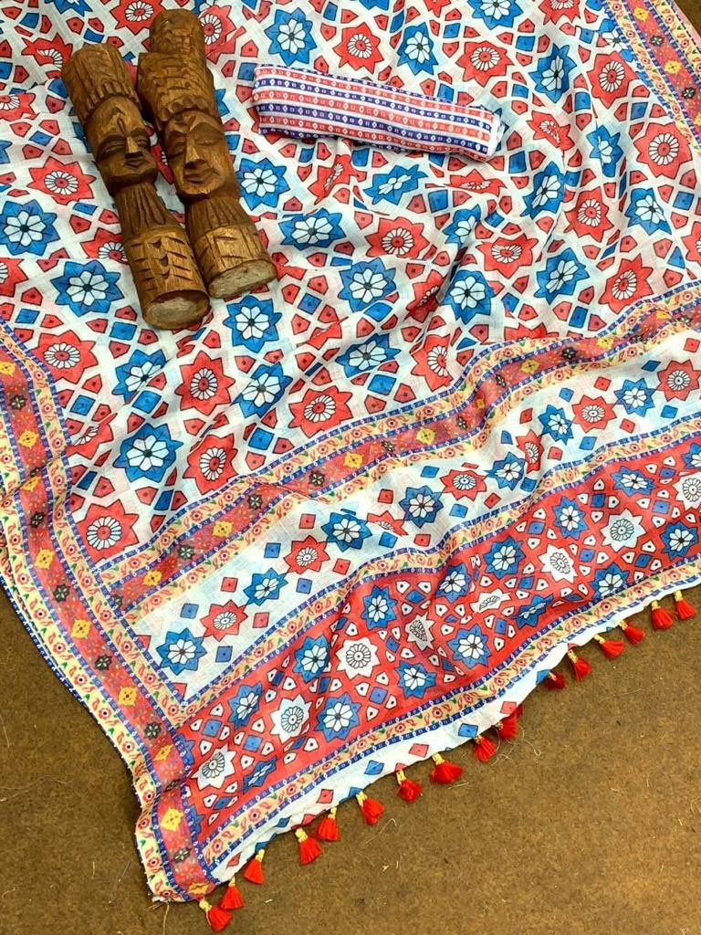 White linen silk digital printed work saree