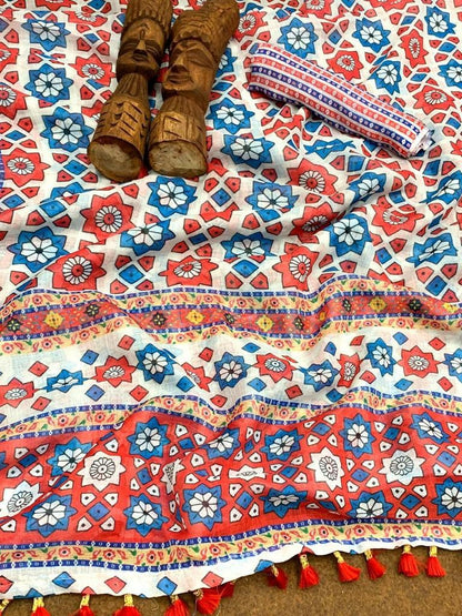 White linen silk digital printed work saree