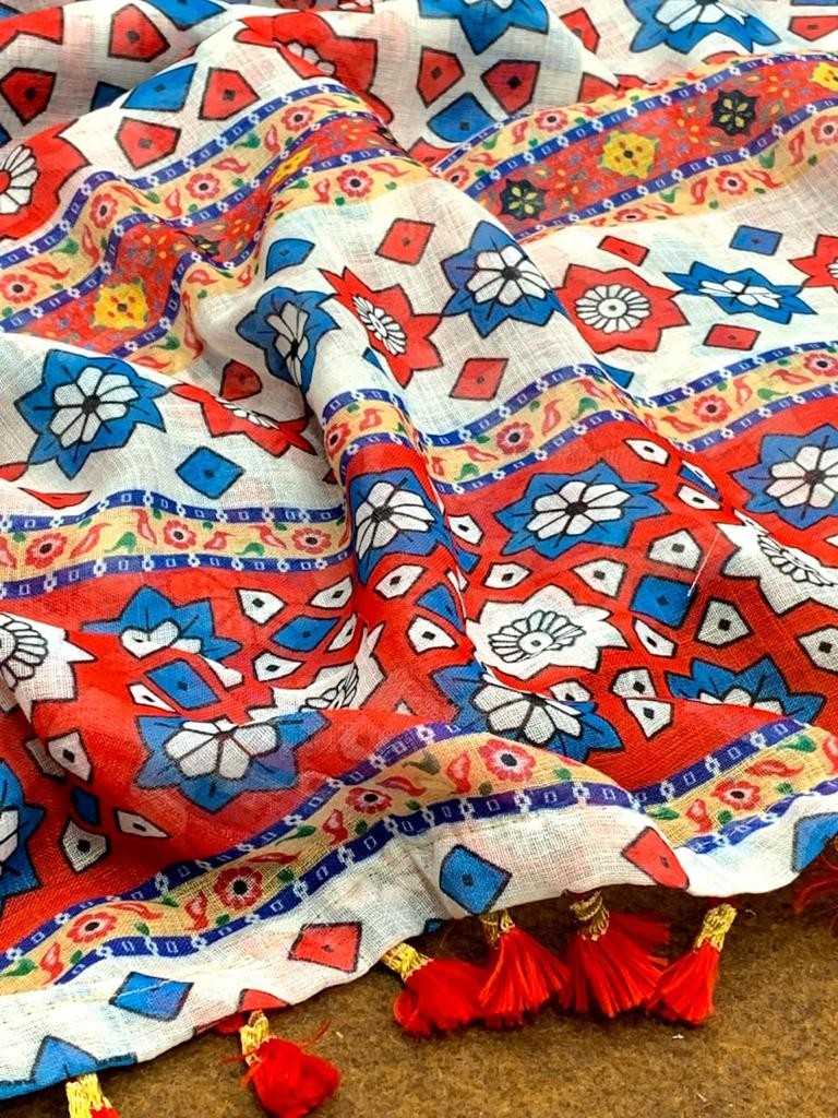 White linen silk digital printed work saree