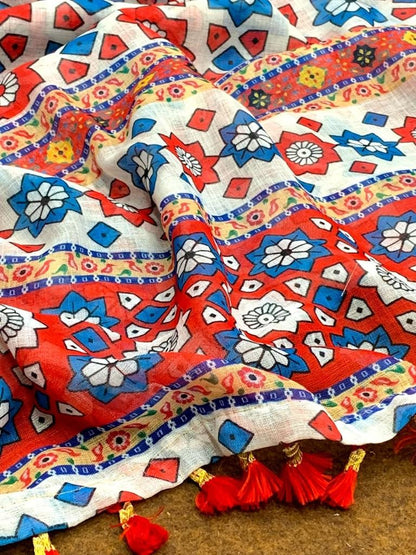 White linen silk digital printed work saree