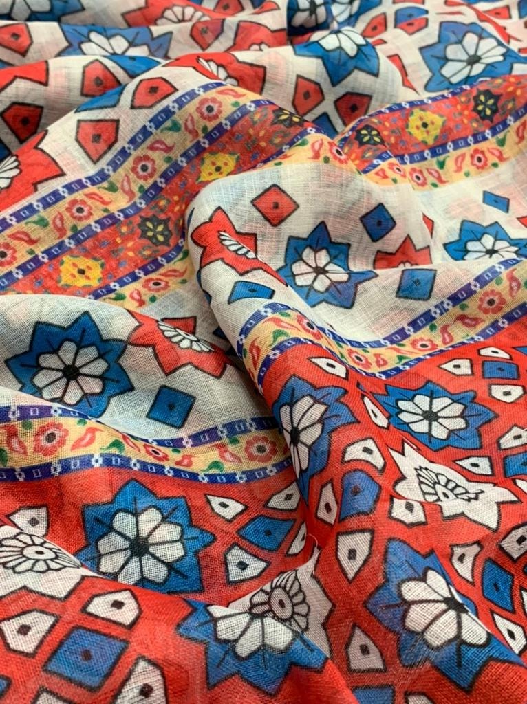 White linen silk digital printed work saree