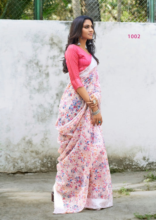 white linen silk floral digital printed saree