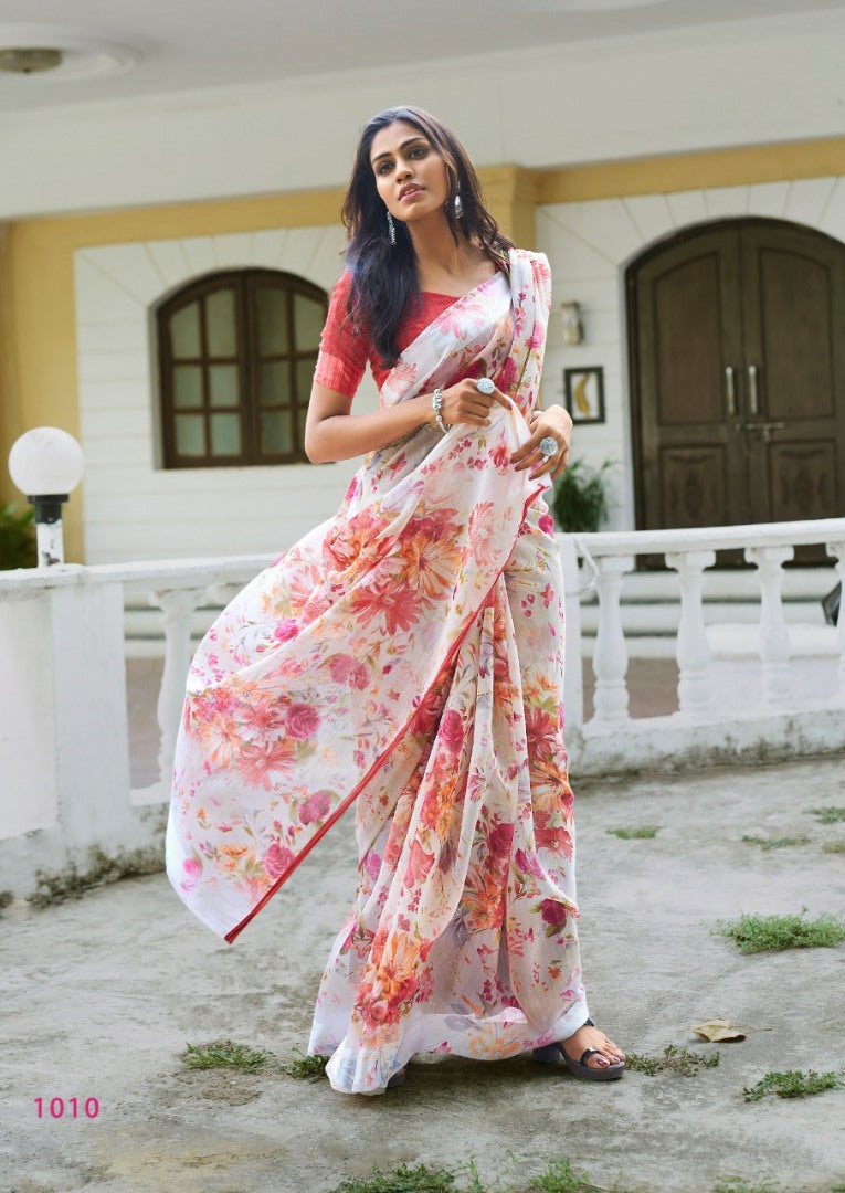 white linen silk floral digital printed saree