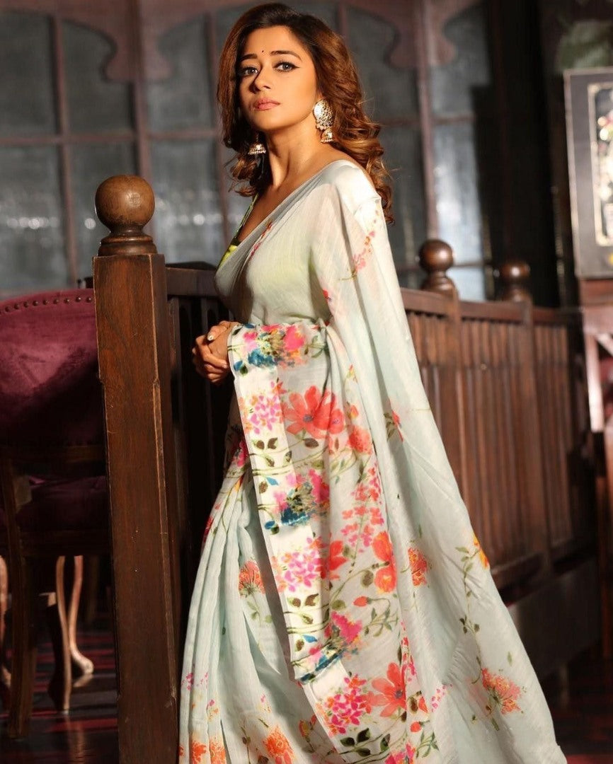 White linen with silver patta digital printed saree