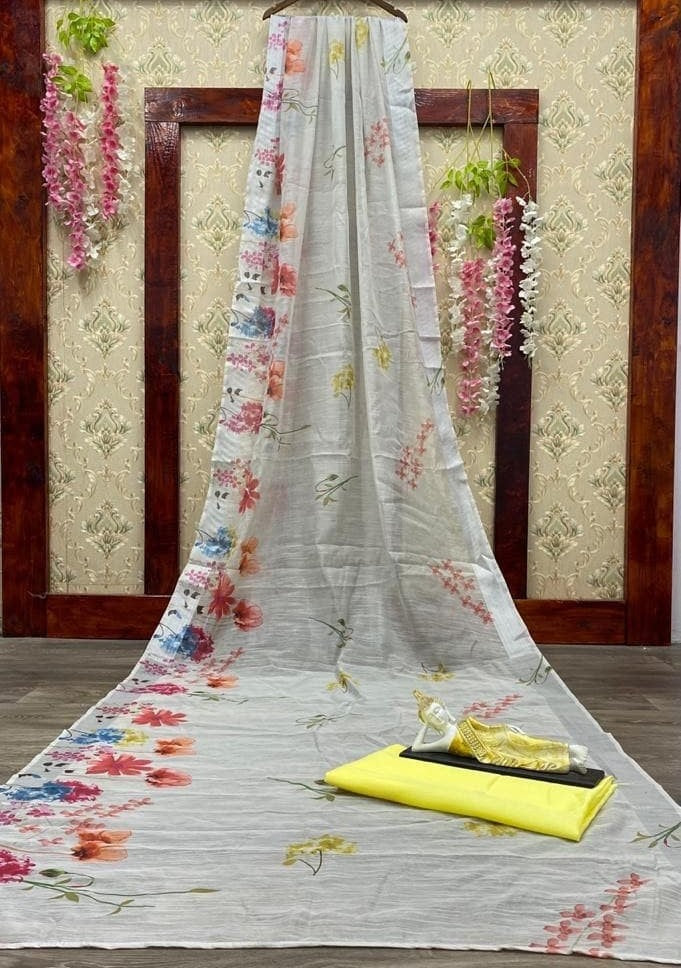 White linen with silver patta digital printed saree