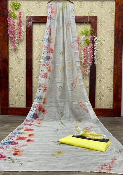 White linen with silver patta digital printed saree