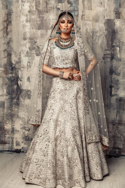 white malai satin heavy embroidered bridal lehenga