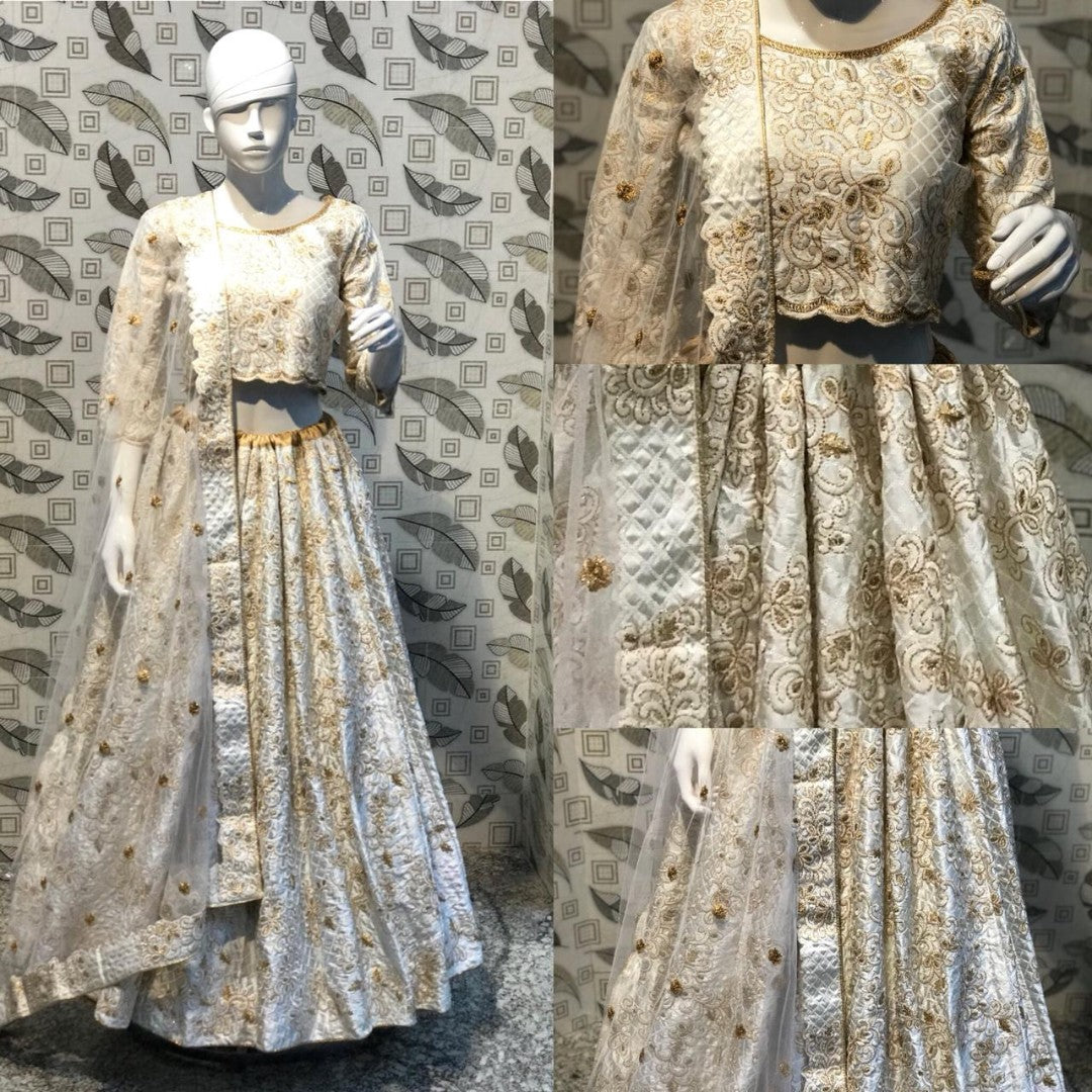 white malai satin heavy embroidered bridal lehenga