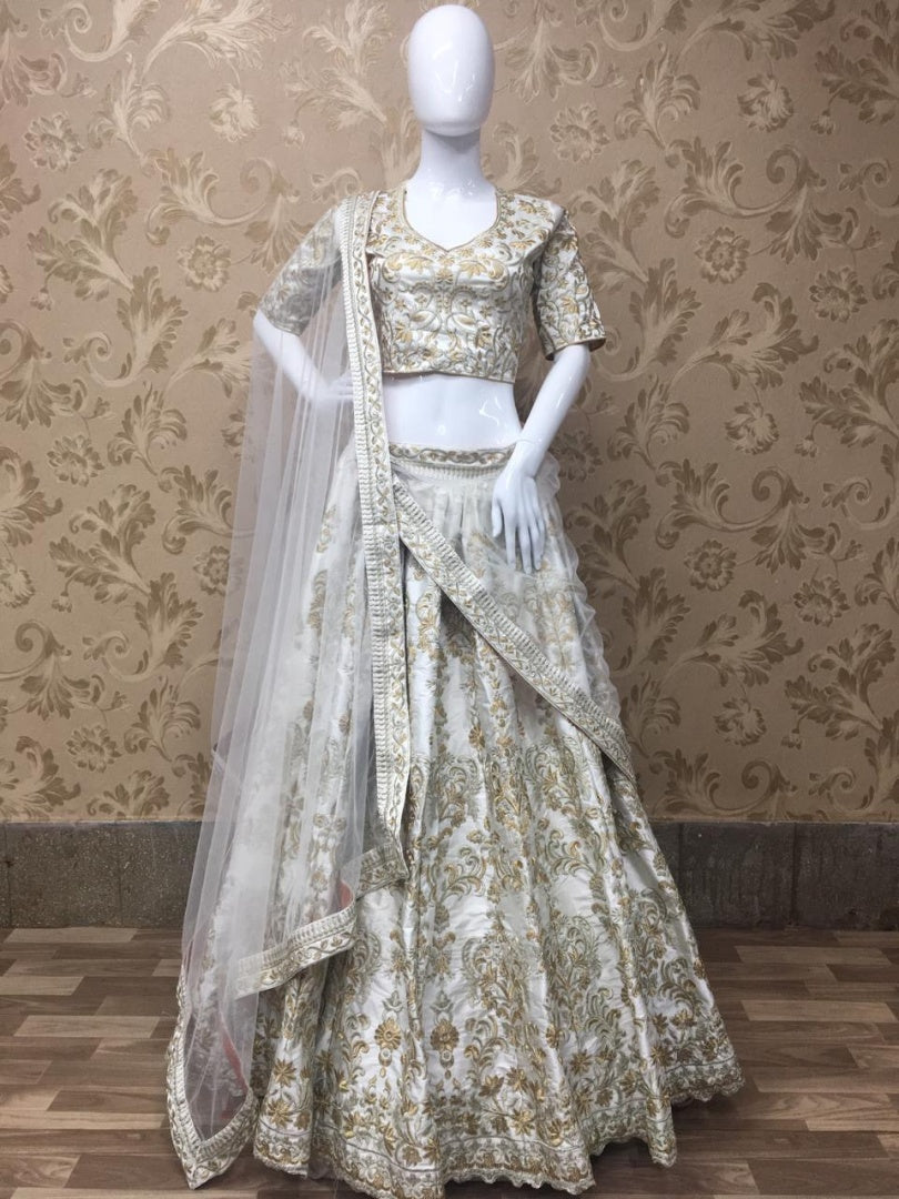 White malai satin heavy embroidered wedding lehenga choli