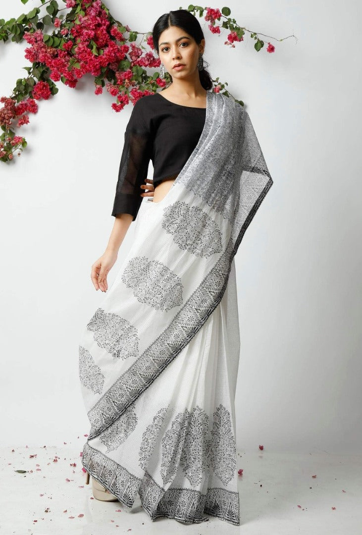 White malmal linen cotton saree