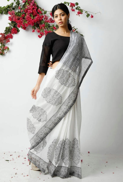 White malmal linen cotton saree
