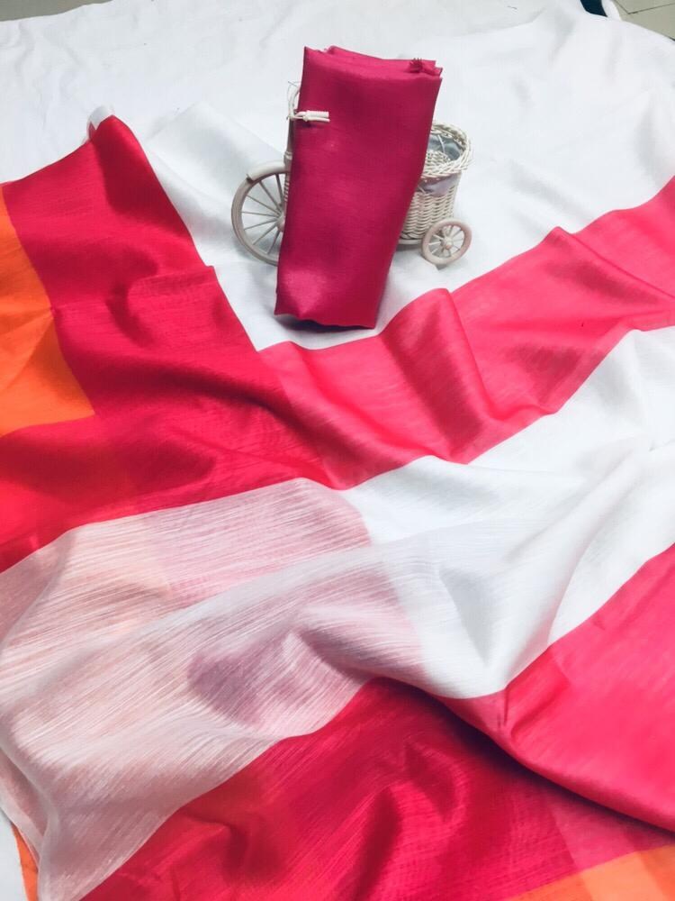 White malmal linen cotton saree