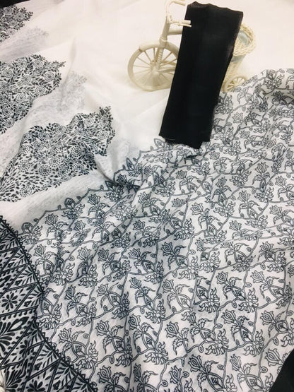 White malmal linen cotton saree