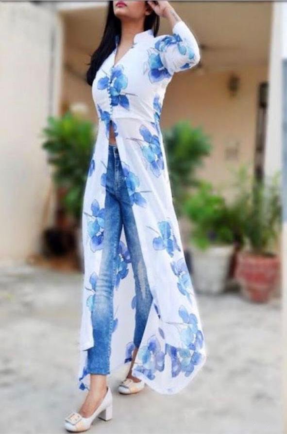 white masleen blue floral printed casual kurti