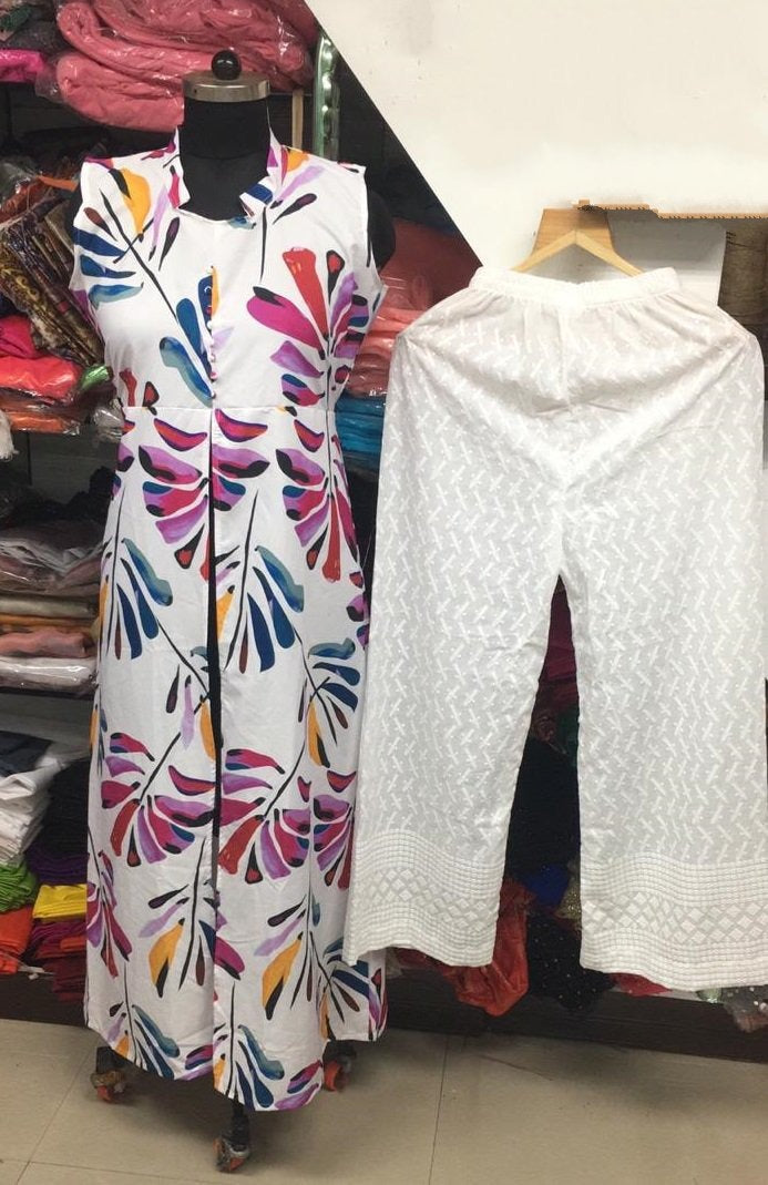 white masleen cotton digital printed plazzo kurti