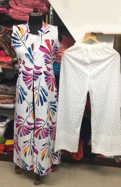 white masleen cotton digital printed plazzo kurti